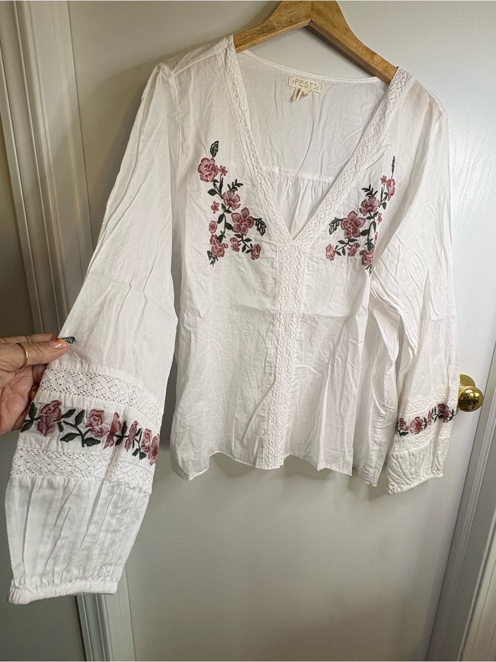 FESTI 2X Floral Lace Bell Sleeve Cotton Tunic Embroidery Cottage Boho Prairie